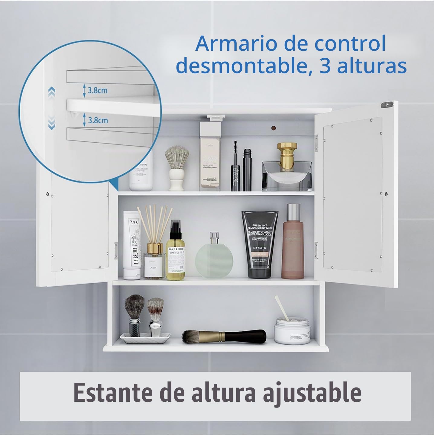 Armario De Baño Con Espejo, Armario Colgante Para Baño Con 2 Puertas De Espejo Y Compartimento Abierto, Madera, 13 X 56 X 58 Cm, Color Blanco