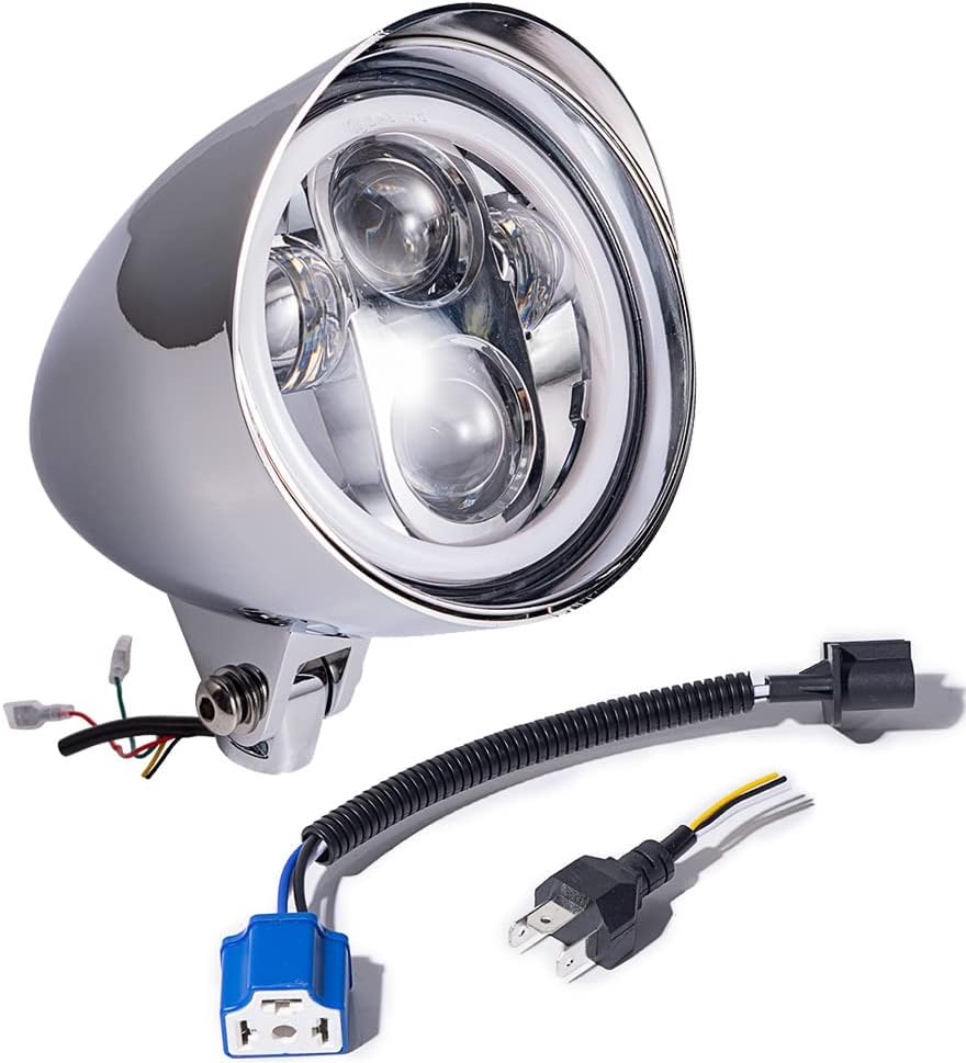 Chrome Billet CREE LED 5.75 White High Low Beam Headlight Amber Halo Ring DRL Compatible with Harley Sportster Dyna FX Softail