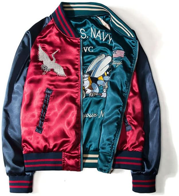 JYHBHMZG Sukajan Satin Embroidery Jacket for Men & Women.Double-Sided Spring Streetwear.Printed Couple Jacket