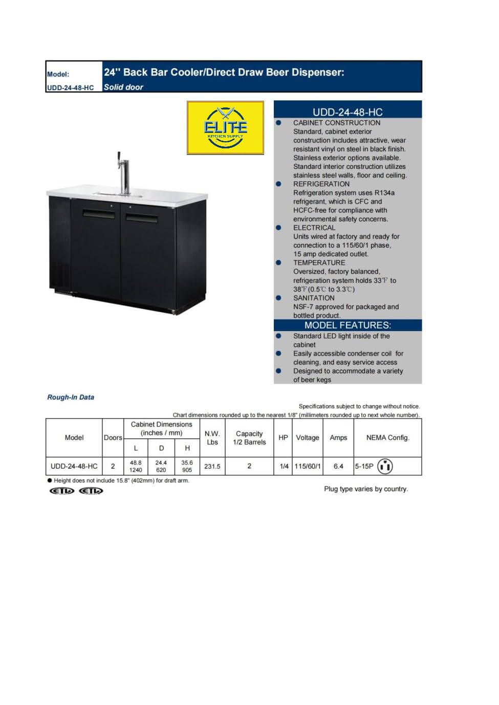 Elite Kitchen Supply Beer Keg Dispenser Kegerator, Commercial Etl Fridge 2 Tap 2 Half Barrels Brew Cooler, 2 Half Keg, 1 Tower Black 48" W on Fridge.com - View 2