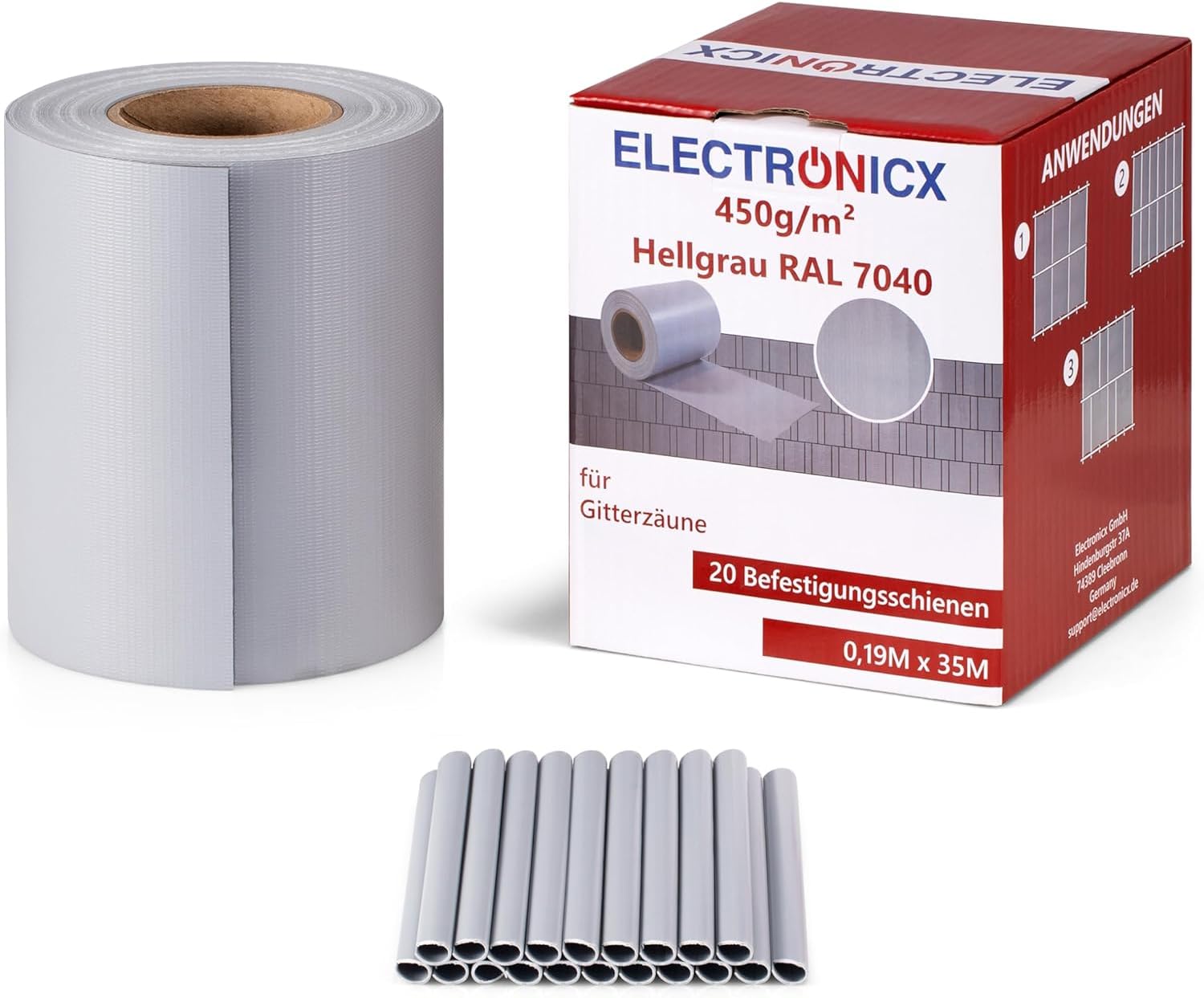 Electronicx Bandes brise-vue en PVC pour clôture de jardin - Gris clair (RAL 7040) - 35 m x 19 cm - Qualité supérieure - 450 g/m² - Brise-vue résistant aux UV - Avec 20 clips