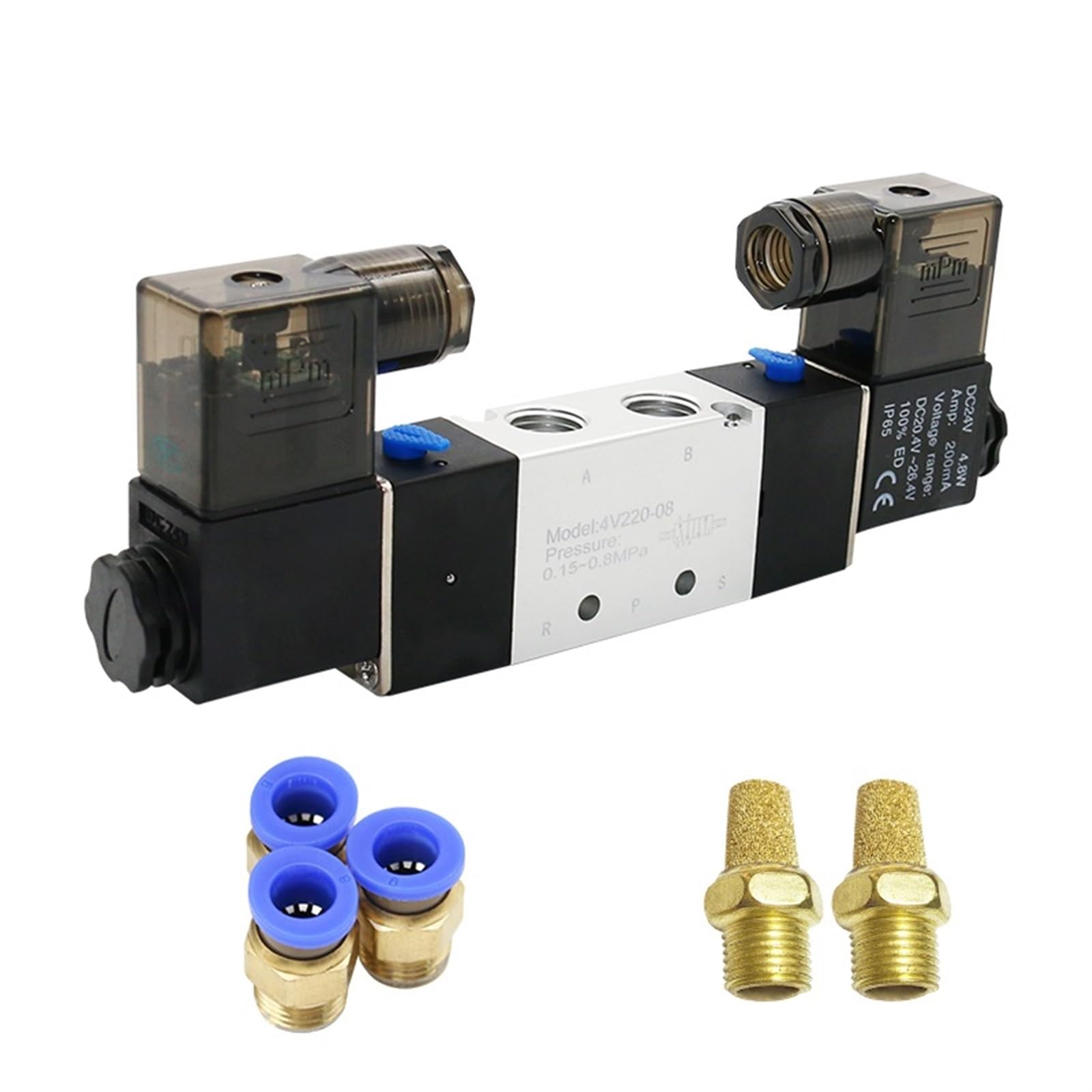 Zawór elektromagnetyczny 220 V Pneumatyczny 4V220-08 Powietrze 5 Way 2 pozycje 1/4 Quot Wewnętrzna cewka ze stopu DC 12V DC 24V AC110V 1 szt. (PC 6 mm Fittings, DC12)