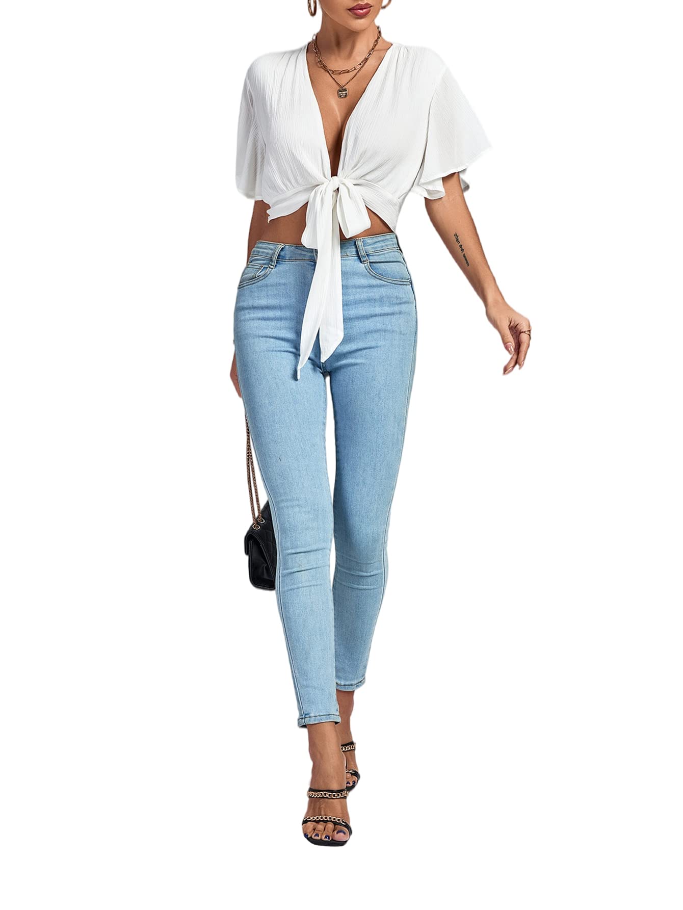 LYANER Damen-Bluse mit tiefem V-Ausschnitt, zum Binden vorne, Knoten, Rüschen, kurzärmlig, bauchfreies Top | Kurzärmliges Y2K-Hemd mit tiefem V-Ausschnitt, Rüschen, Glockenärmeln