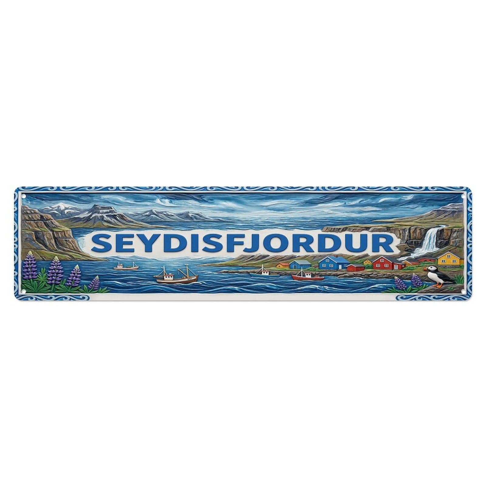 Cwbufd Vintage Style Vintage Seydisfjordur Iceland Flag Pattern Vintage Metal Tin Sign Plaque Wall Decor For Cafe, Club Bar, Office, Garden Metal Poster 4X16inch