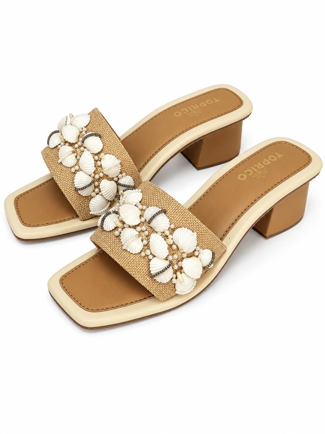 Women Tan Cushion Soft Embroidered Block Heel Sandals Party | 210-image-14