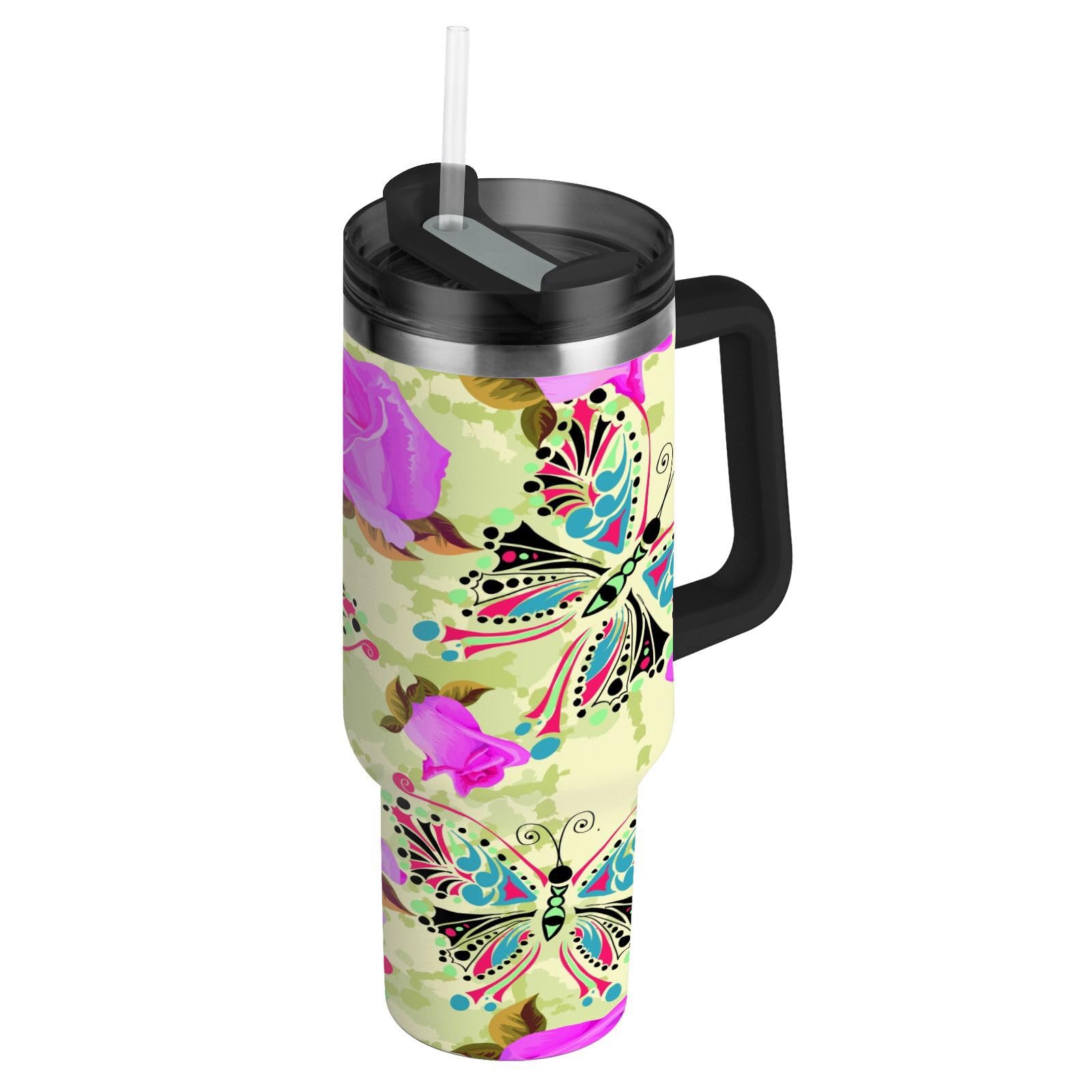 Isolierter Becher mit Blumenmotiv und Schmetterling, doppelwandig, Edelstahl, Wasserflasche, Kaffeetasse, Reisebecher mit Griff, Strohhalm-Deckel