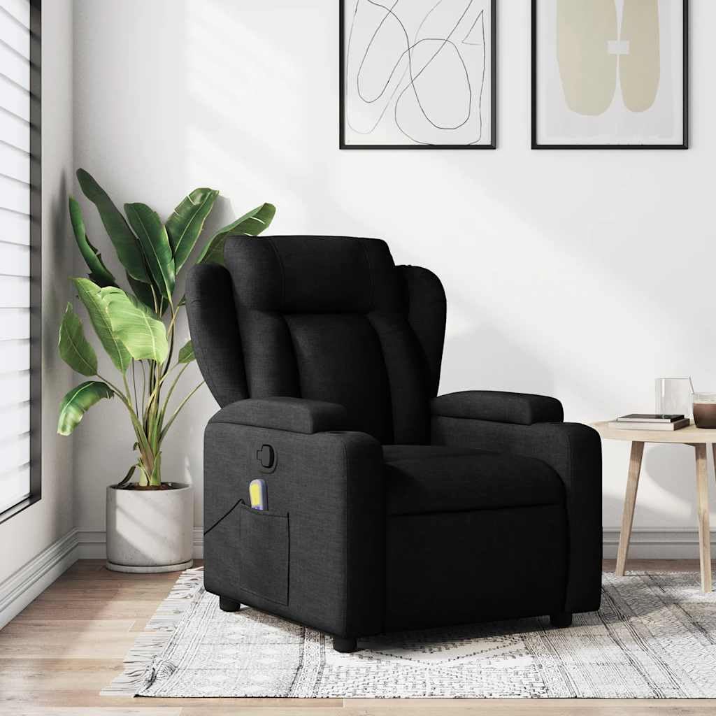 Sillón de relax de masaje de tela negra con 6 puntos de masaje vibratorio, función reclinable manual hasta 135 grados, sillón acolchado transpirable con reposabrazos