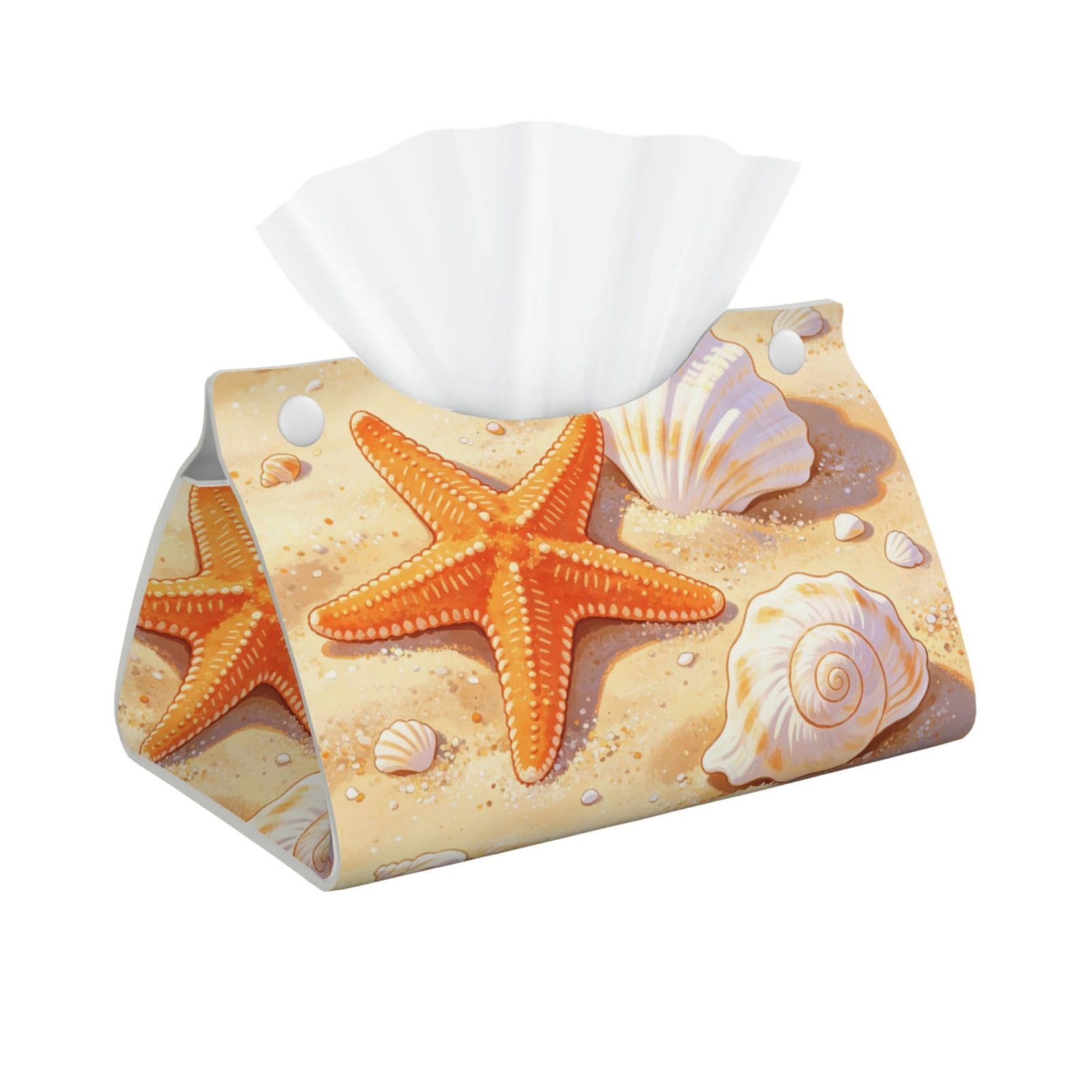 Starfish Seashell Art Long Leather Tissue Box Cover-Waterproof PU Leather Tissue Holder for Bathroom, Decorative Rectangular Tissue Case