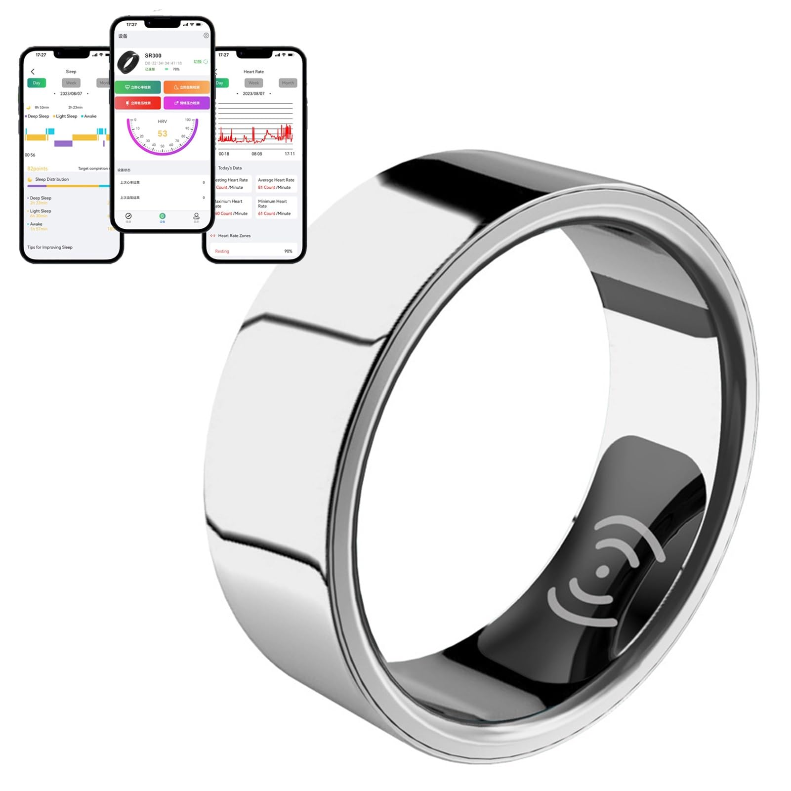 Smart Ring Monitor Aktywności I Snu/stresu/pulsu Dla Kobiet I Mężczyzn Monitor Fitnessu Kompatybilny Z Androidem I Ios(Silver,19#)