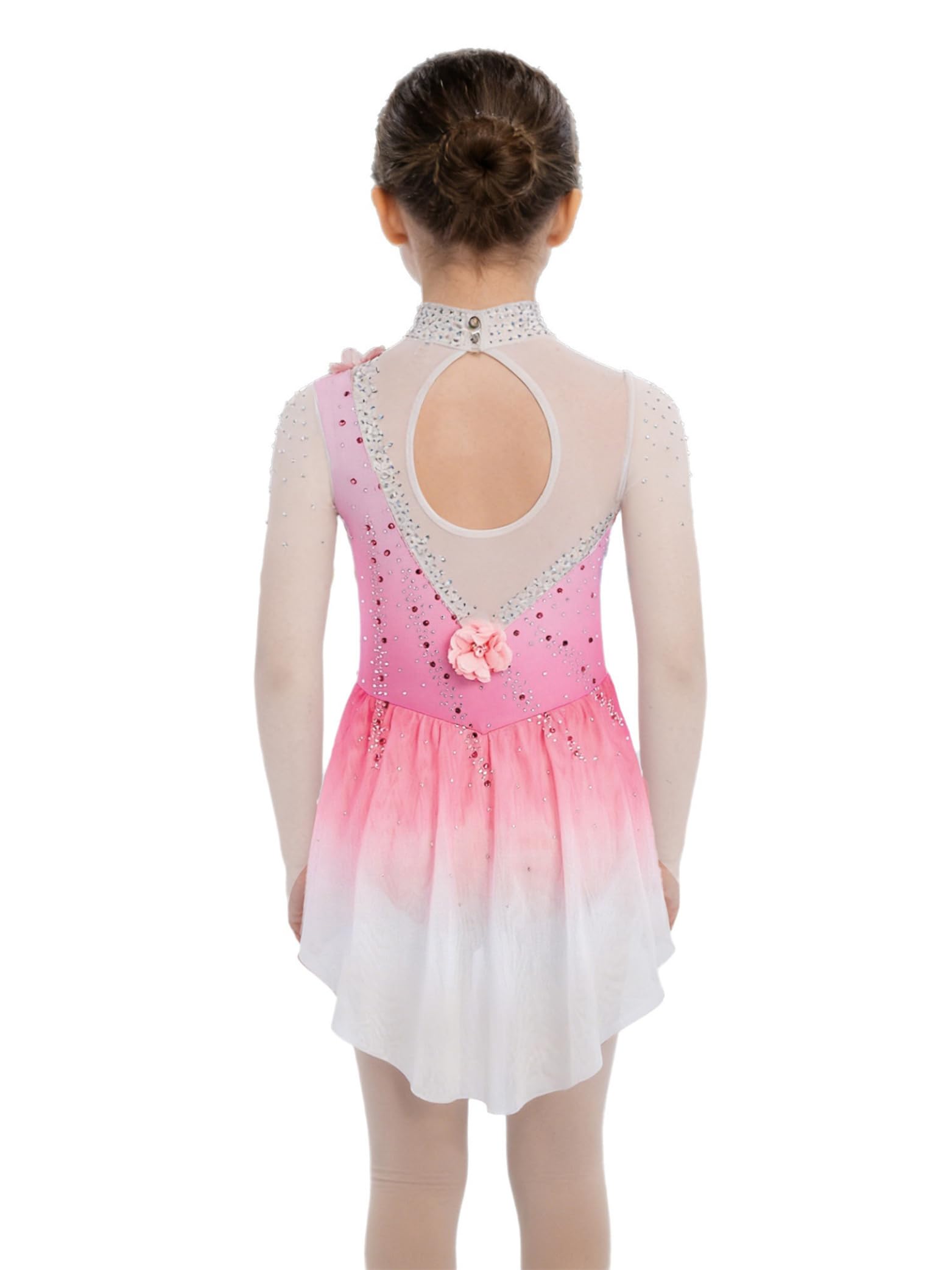 Vestito Pattinaggio Artistico Ragazza Strass Fiore Body Ginnastica Manica Lunga Leotard Balletto Danza
