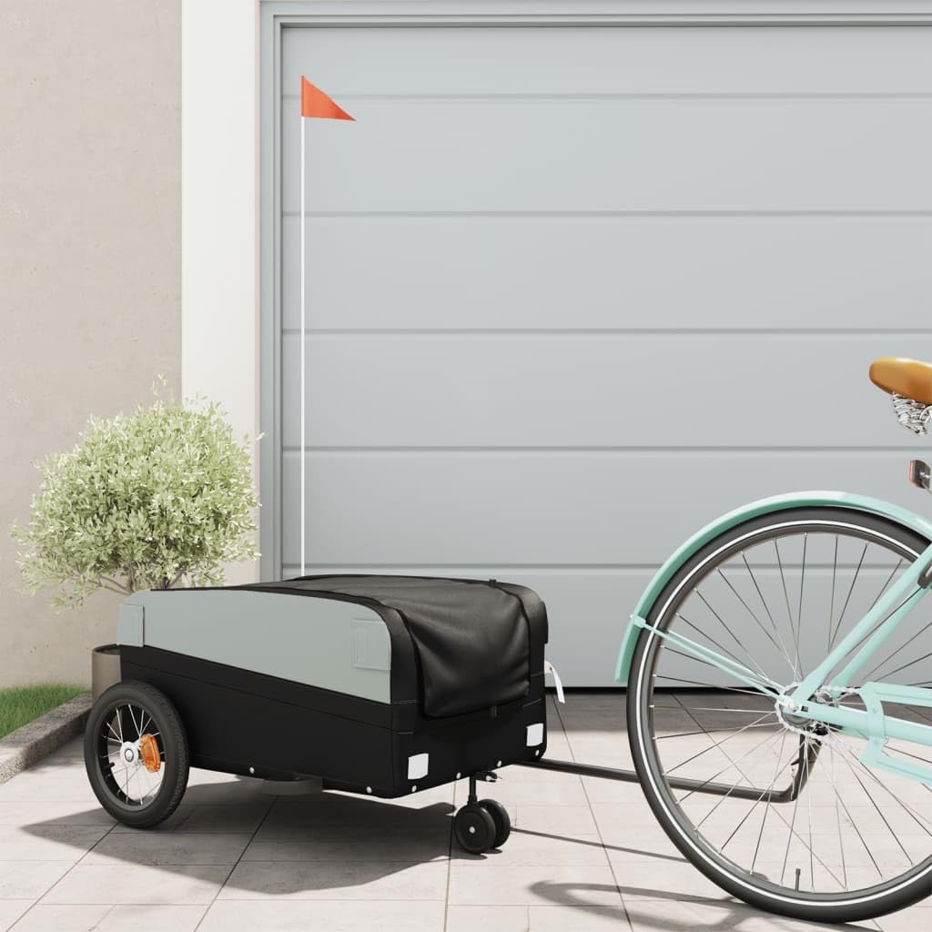 Remolque de bicicleta negro de hierro 30 kg de capacidad de carga, plegable con acoplamiento y barra de remolque, adecuado para niños, perros, equipaje, transporte al aire libre, ciclismo