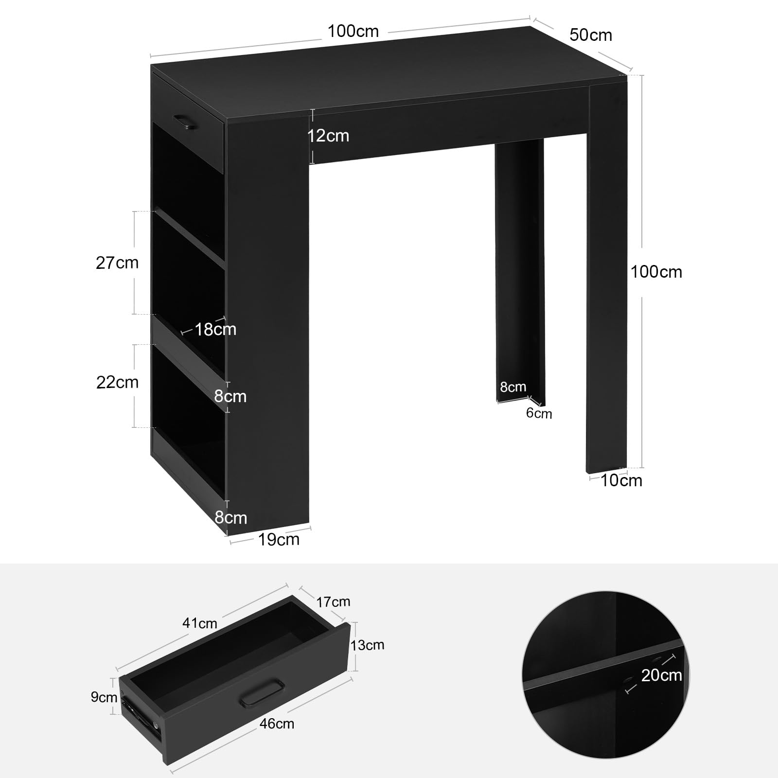 WOLTU Bartisch, Stehtisch mit 1 Schublade & 3 Ablagen, Küchentisch mit Weinregal, Bistrotisch für Bar Küche Wohnzimmer Esszimmer (Ohne Brett, Schwarz, 100 x 50 x 100 cm)