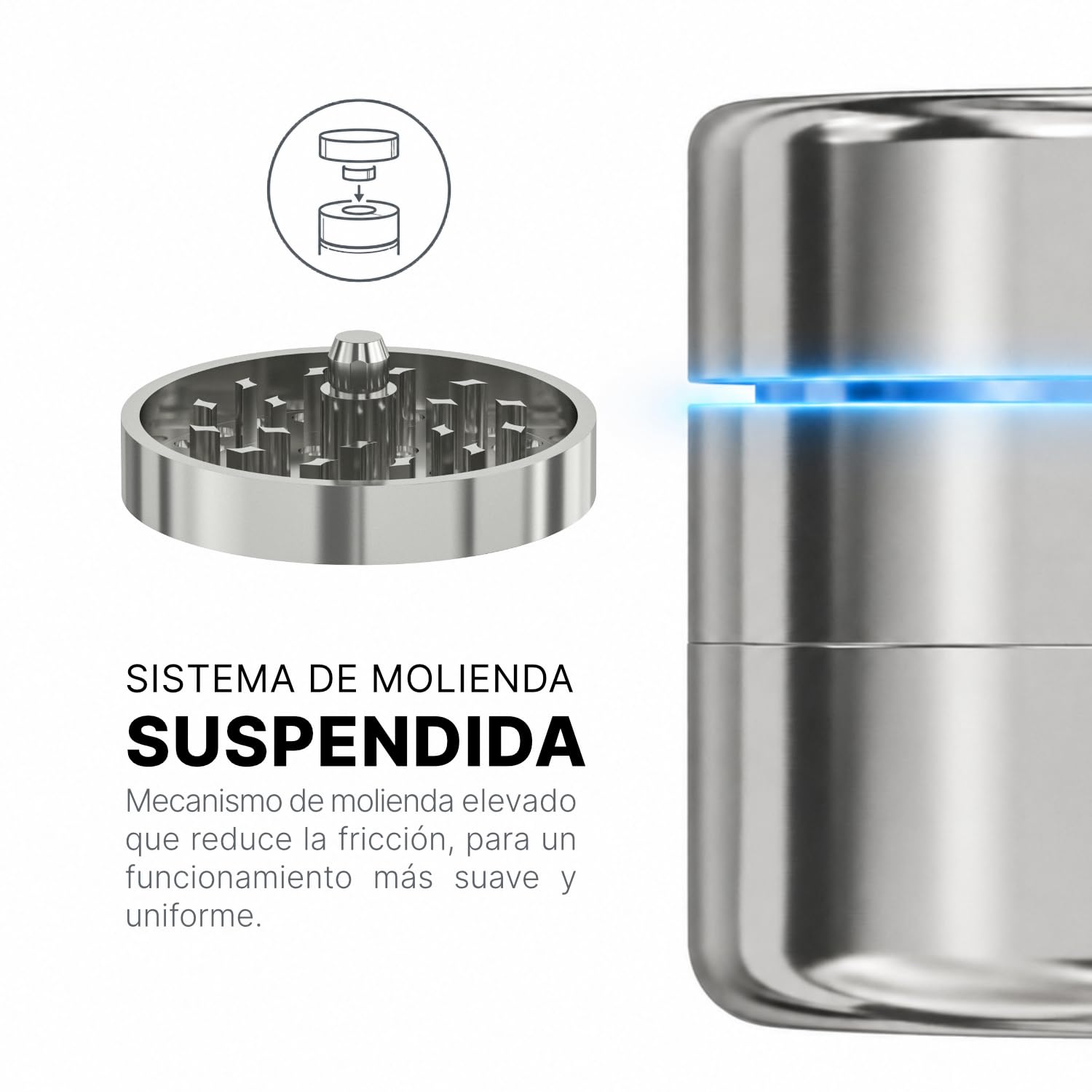 NOX Grinder aus Edelstahl, Präzisionslager 608Z, Quick Connect-System, 62 mm, 3 Teile, 490 g, Mühle für getrocknete Kräuter und Gewürze