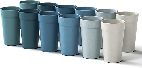 Homestockplus Vasos de paja de trigo de 20 onzas, juego de 12 vasos de plástico irrompibles, aptos para lavavajillas y microondas, sin BPA y