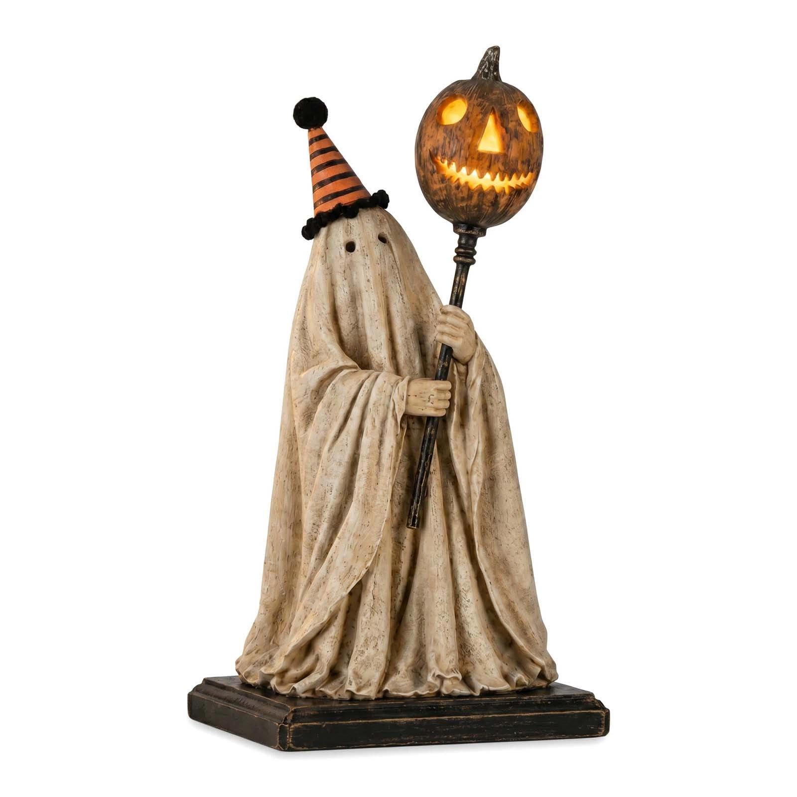 Lighted Vintage Ghost Figurine with LED Glowing Pumpkin Staff Spooky Decor