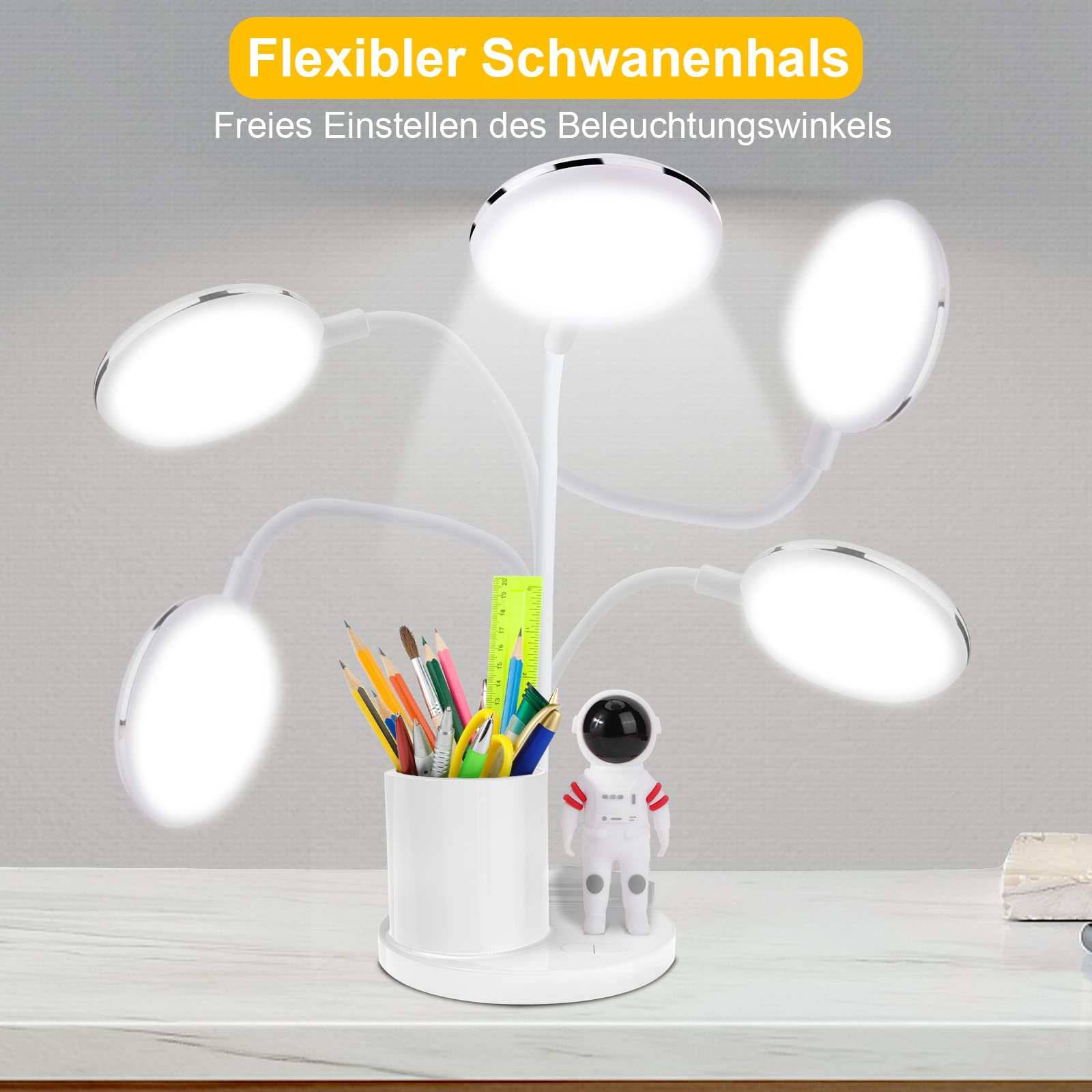 Schreibtischlampe Kinder, Schreibtisch lampe Dimmbare LED Tischlampe mit Stifthalter und Projektion, USB C Anschluss Nachttischlampe kinder, 360° Verstellbar Schwanenhals Leselicht