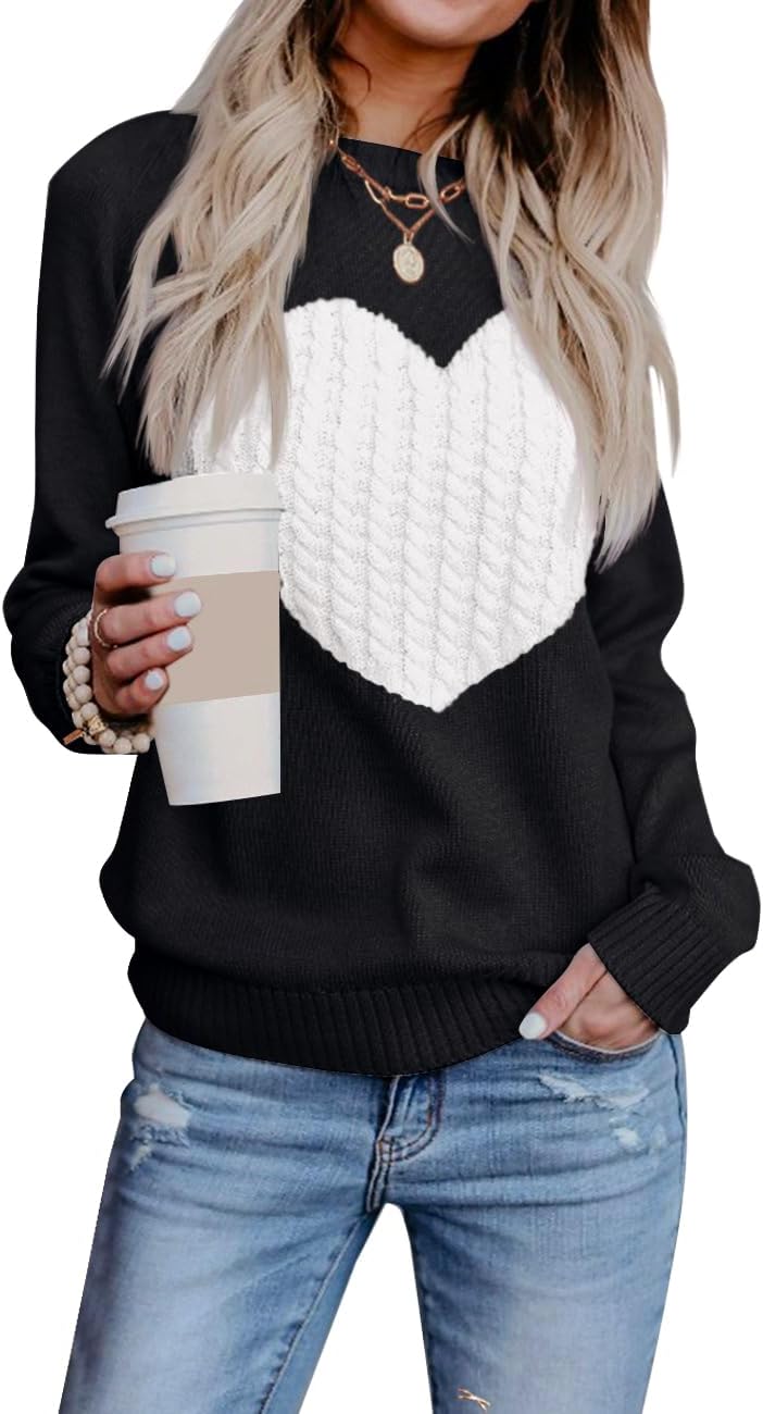 Heart Sweater for Women Valentines Day Gifts for Her Red Sweaters Crewneck Long Sleeve Lightweight Cute Tops