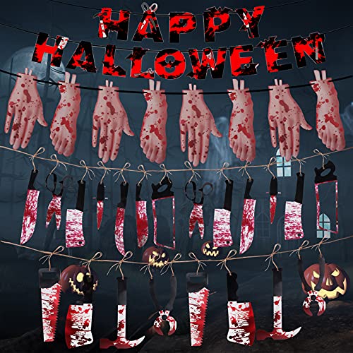 EEOCWF 4 Sets Bloody Garland Banner, Halloween Decorations with Bloody Hands Feet Weapon Knives, Zombie Vampire Hanging Banner, for Gothic Home Decor Party Decorations Supplies Movie Props