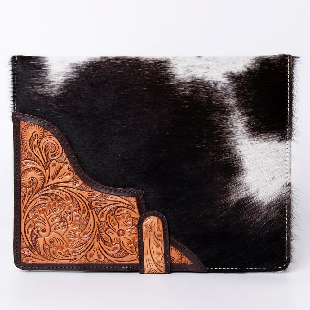 American Darling Hair-on Cowhide Portfolio Bag – Floral Tooled Leather, Genuine Leather Organizer, Handmade Western Style