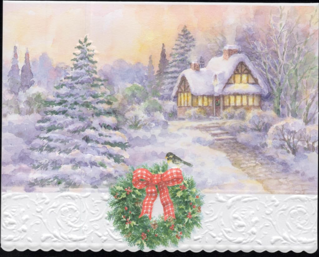 Poster Foundry Christmas Holiday Winter Cottage Boxed Note Cards by Carol Wilson. 10 embossed 4x5 Die-Cut Notecards and Matching Envelopes in Decorative Gift Box with Magnetic Flap. NCPX2425