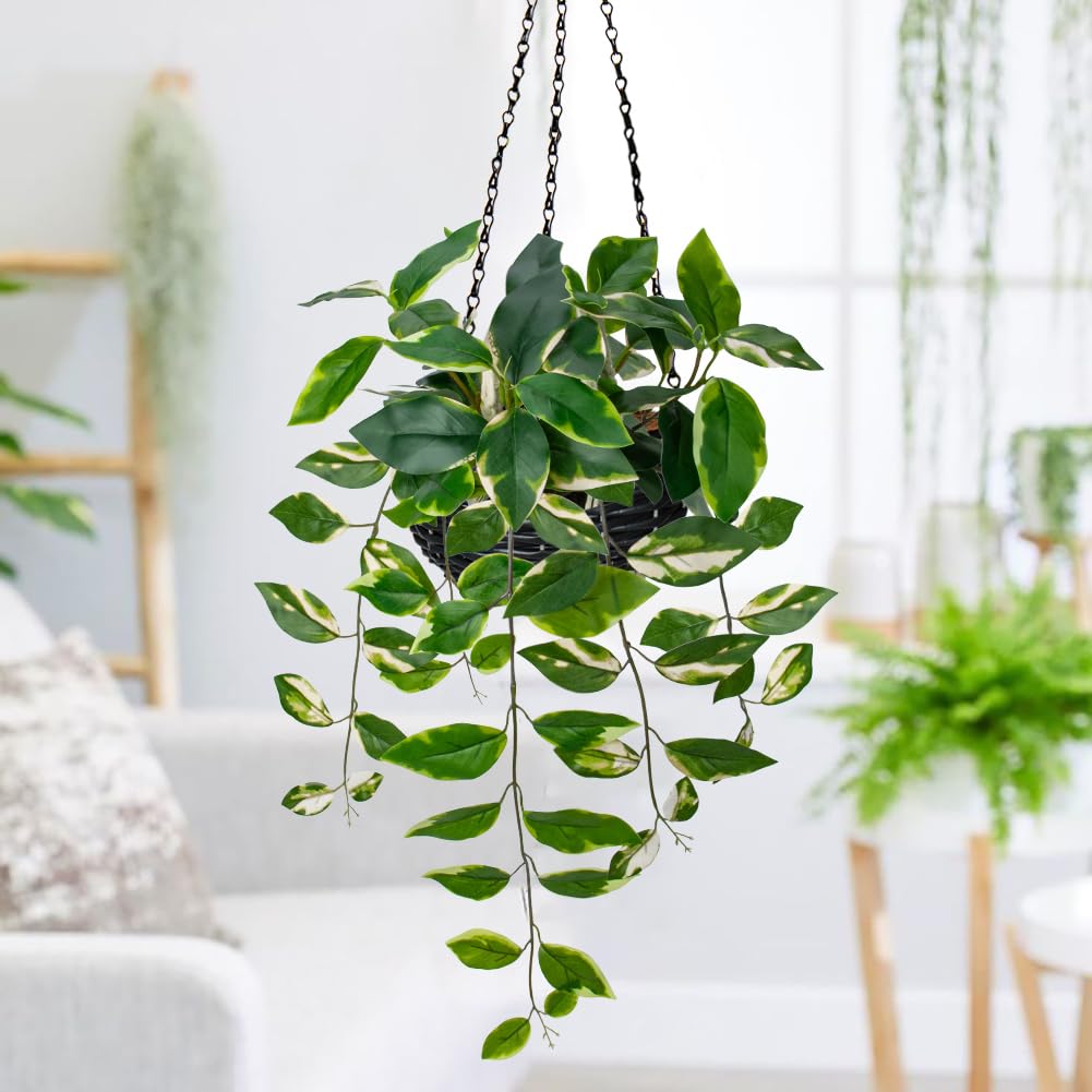 Oairse Artificial Hanging Plants Fake Hanging Plants with Pots Faux Golden Pothos N‘ Joy Potted Plants Hanging Wall Plants with Basket Pot for Wall Shelves Bedroom Bathroom Indoor Outdoor - Image 4
