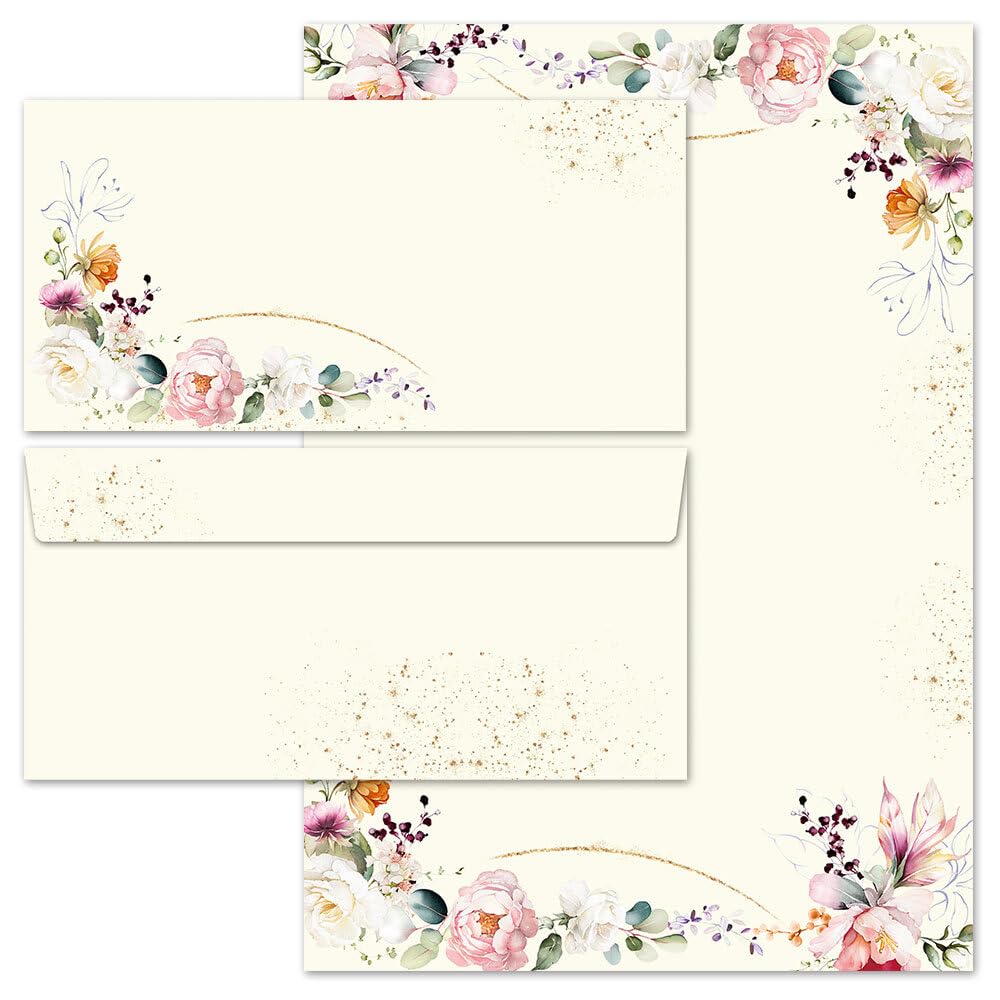 Writing Paper Set, 100 Pieces Tropical Flowers, 50 Sheets Writing Paper + 50 Matching Envelopes without Window, DIN A4 & DIN Long in Set, Letter Paper with Envelope
