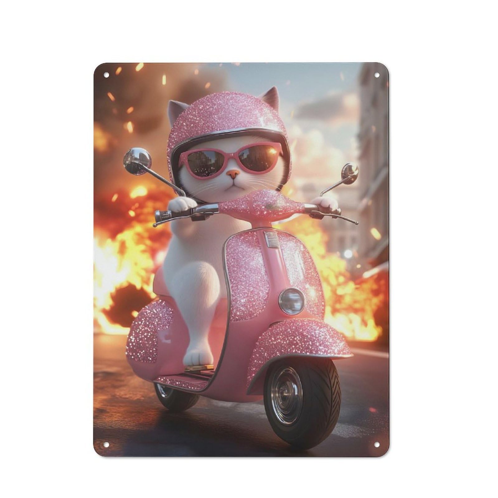 Cat Riding Scooter Retro Tin Wall Plaque 40x30cm for Hobby Room Or Studio, for Garage, Workshop And Man Cave Decoration