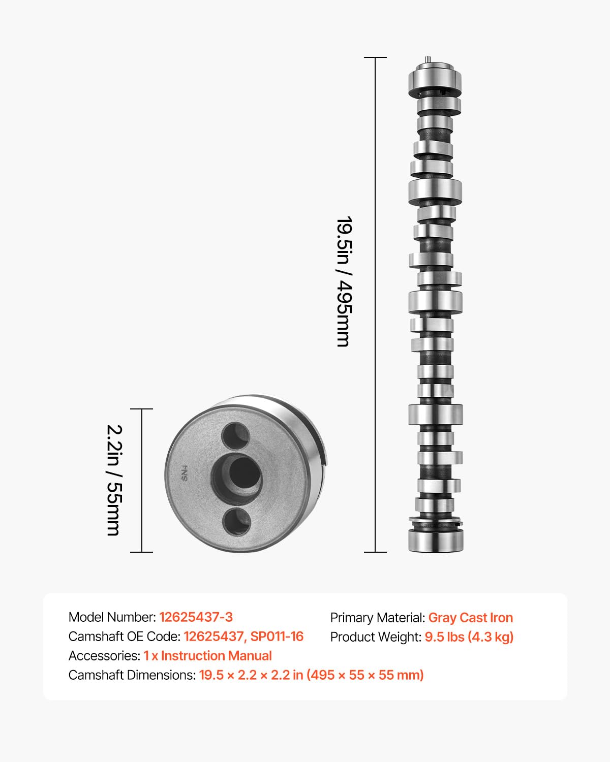 VEVOR Albero a Camme Motore, per Codice OE 12625437, SP011-16, Albero a Camme per Auto, Compatibile con Camion Norris dal 1999 al 2013 GM Gen3/4, Motore per Camion LS da 4,8 L 5,3 L 6,0 L e 6,2 L