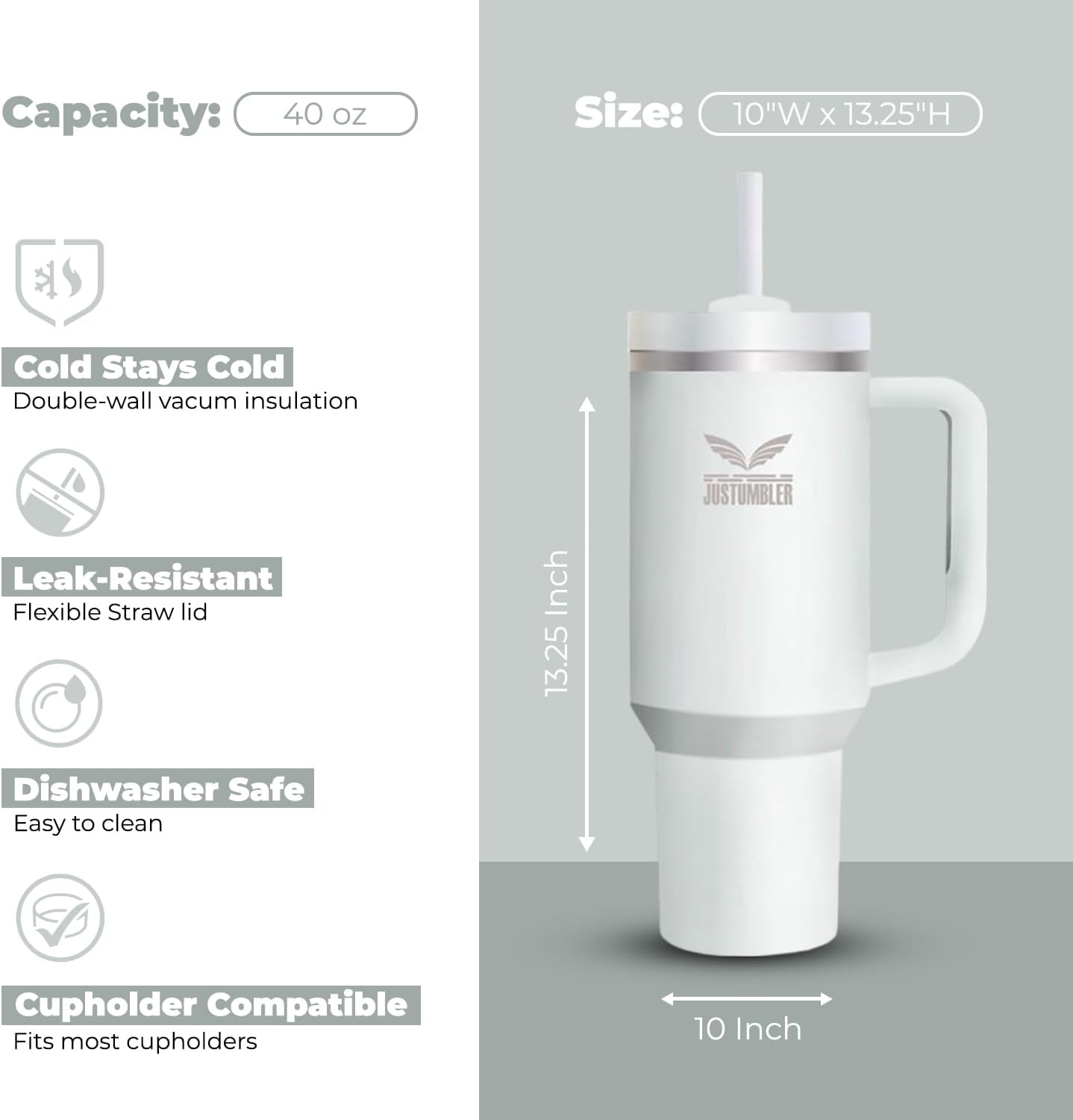 40 Oz Insulated Tumbler with Handle and Straw, Stainless Steel Coffee Travel Mug with Lid, Leak Proof Water Bottle with Accessories, Frost - Image 2