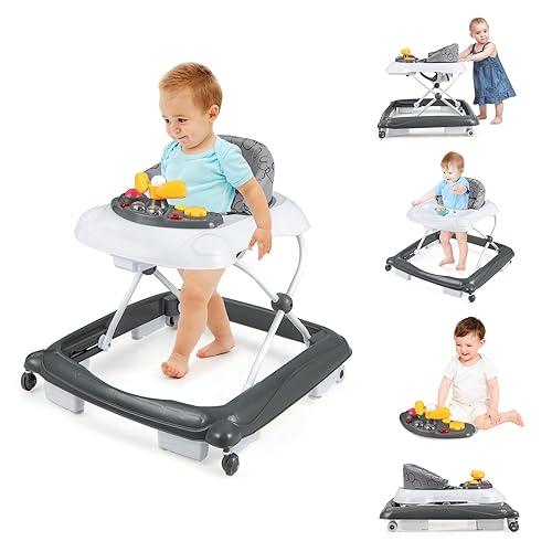 BABY JOY Andador de bebé, 4 en 1 plegable para actividades con altura ajustable, música, luces, andador de empuje para niños y niñas de 7 a 14 meses