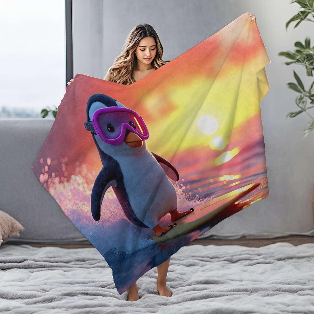Couverture blanche pingouin surfant pour lit et soirées cocooning
