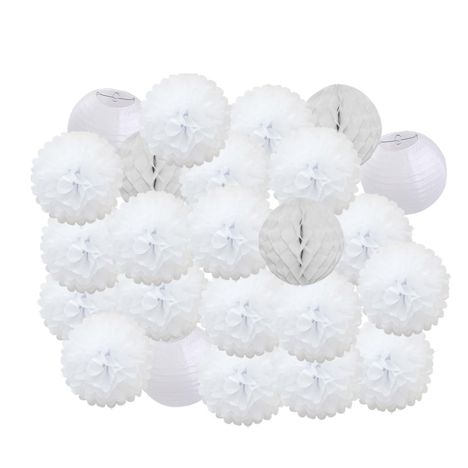 Paper Pompom 24pcs Party Favor Hanging Paper Pompom Boy Girl Birthday Dark Blue Wedding Events Decoration White Lanterns for Party(White Set,Large-12inch)