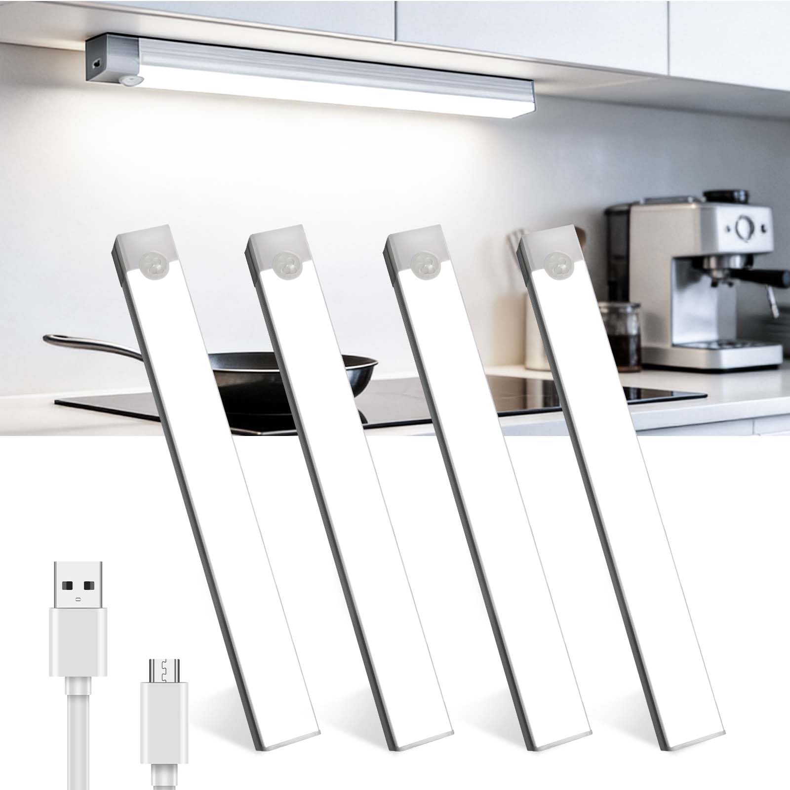 Lamptobe White Under Cabinet Kitchen Lights,4Pack 6500K Dimmable Cupboard Lights With Steplessly Dimmable,4 Modes,Motion Sensor,2W Wireless Usb Type-C Rechargeable Wardrobe Light With Magnetic Sticker