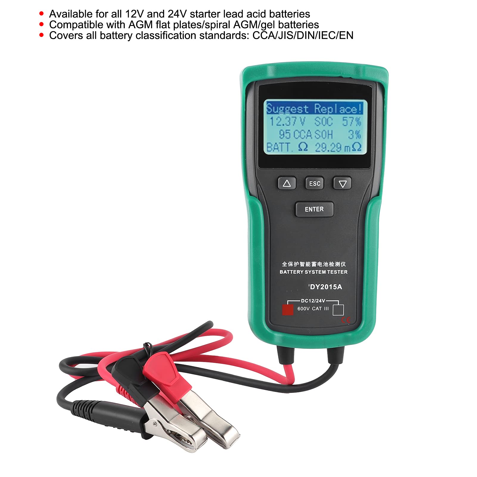 Probador de batería de Torvex, analizador de carga de voltaje 12V - 24V para verificación de la batería del automóvil, DY2015A Capacidad de control, Herramienta de prueba de carga