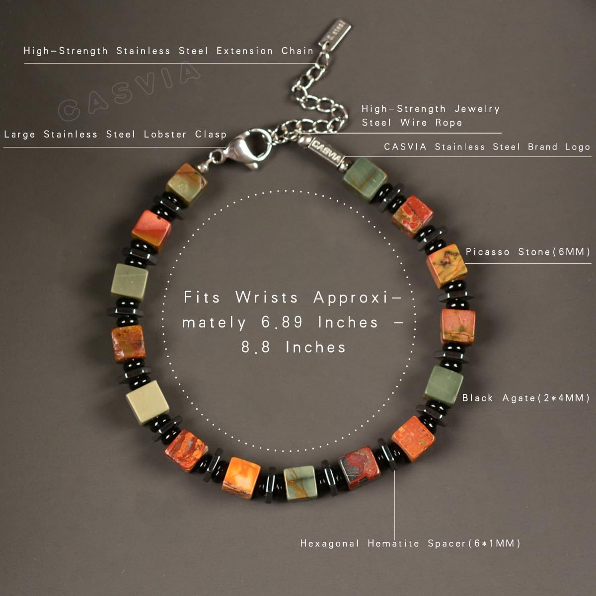 original beaded bracelets for men Picasso jasper mens bracelet with hematite and black onyx spacers stainless steel adjustable chain Handmade Viking style Great for yourself or friends - Image 5