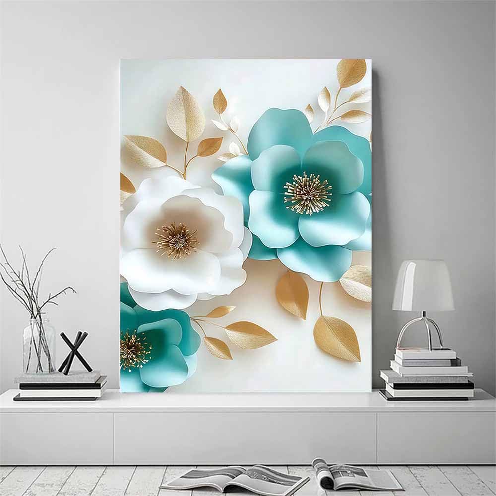 QUSAAOU Modernes Wohnzimmer Papierschnitt Türkise Blumen Leinwandbilder Eignen Sich Zur Dekoration Von Schlafzimmern,Wohnzimmern Und Badezimmern(Türkis)-70x100cm Gerahmt
