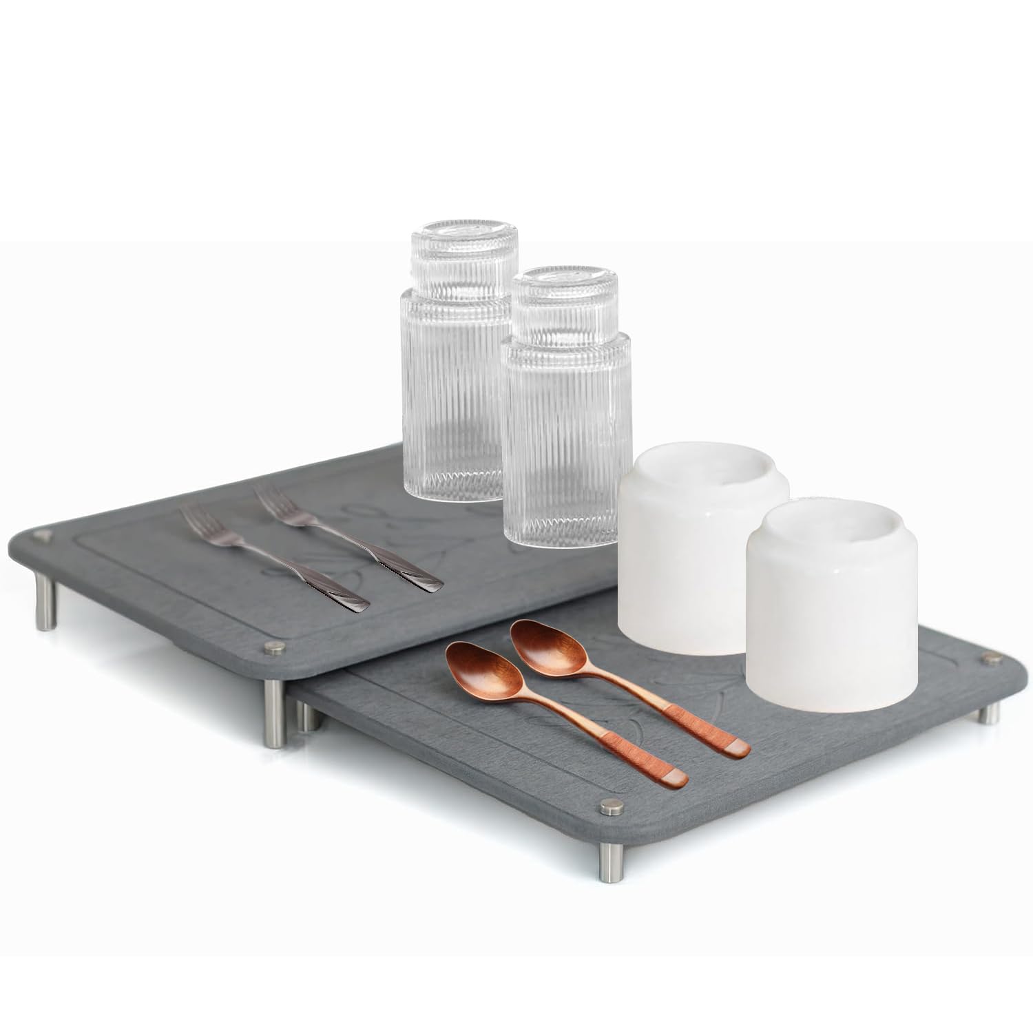 Exrp 2 PCs Nesting Stone Dish Drying Mats for Kitchen Counter - Absorbent Quick Drying Diatomaceous Earth Stone Drying Mat with Non-Slip Feet - Heat Resistant & Odorless Dish Drying Stone Mat