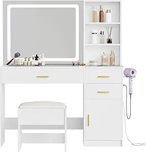 DWVO 45" W Vanity Desk w/Wireless Charging Station & Power Outlet, Vanity Mirror w/Lights Table Set with 4 Drawers, Vanity Set 3 Lighting Modes Brightness Adjustable for Bedroom Studio