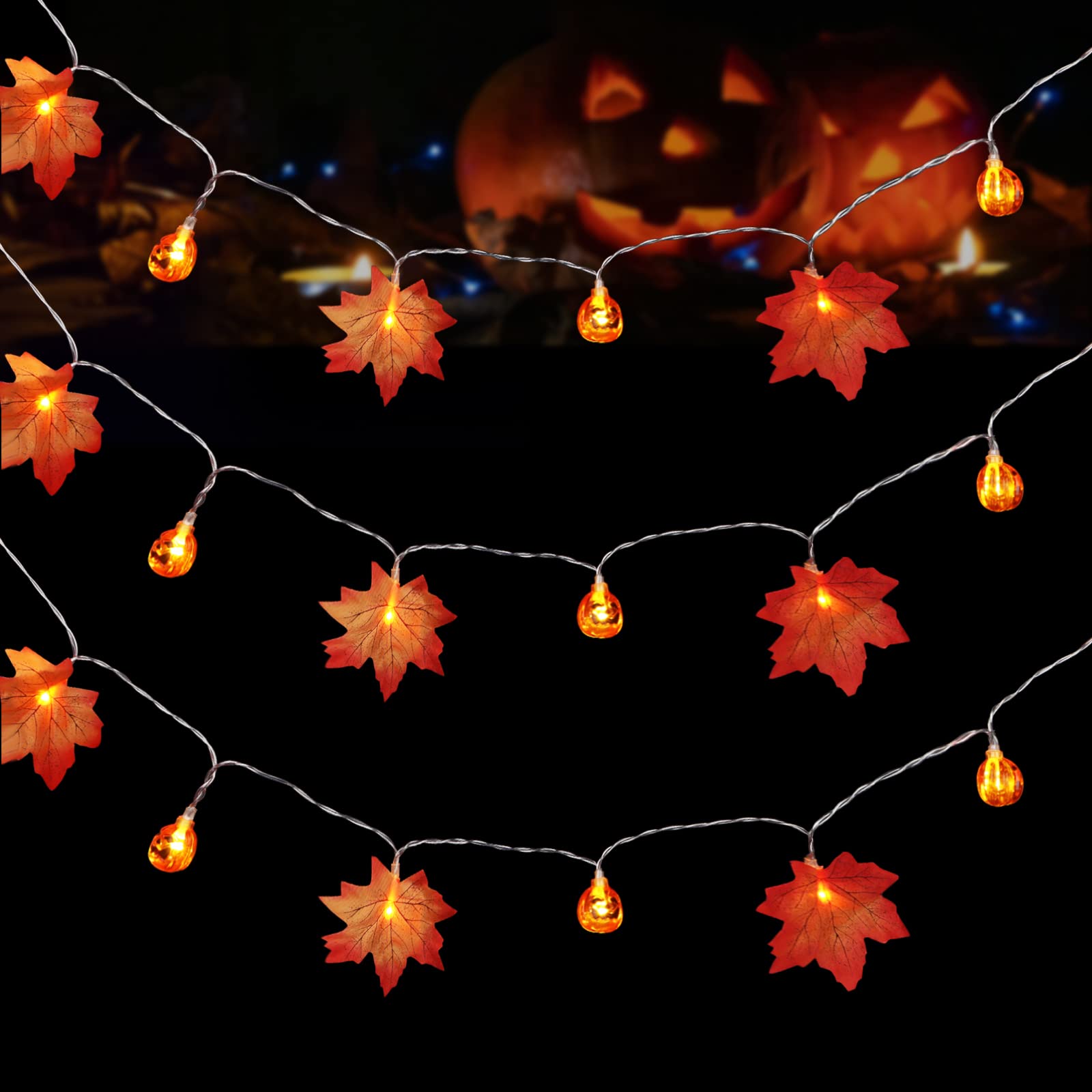 Photo 1 of FREEPOWER Thanksgiving String Lights Battery Operated Hanging Light for Indoor Outdoor Harvest Thanksgiving Christmas Halloween Decor, 9.84ft Orange Pumpkin & Maple Leaves,3 Packs
