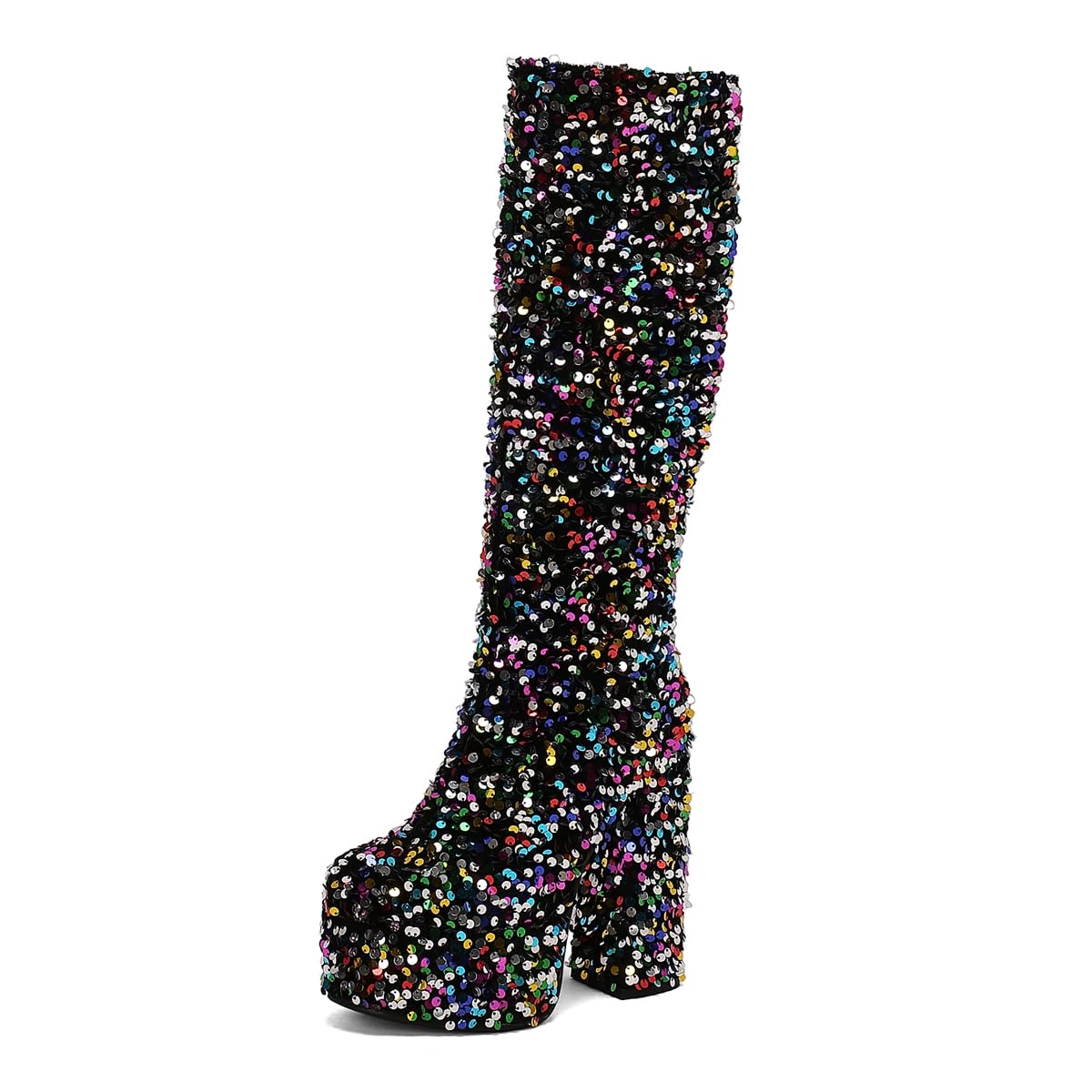 Womens Fashion Glitter Sequins Knee High Tall Boots Round Toe Pull On Platform Chunky Heels Dressy Boots