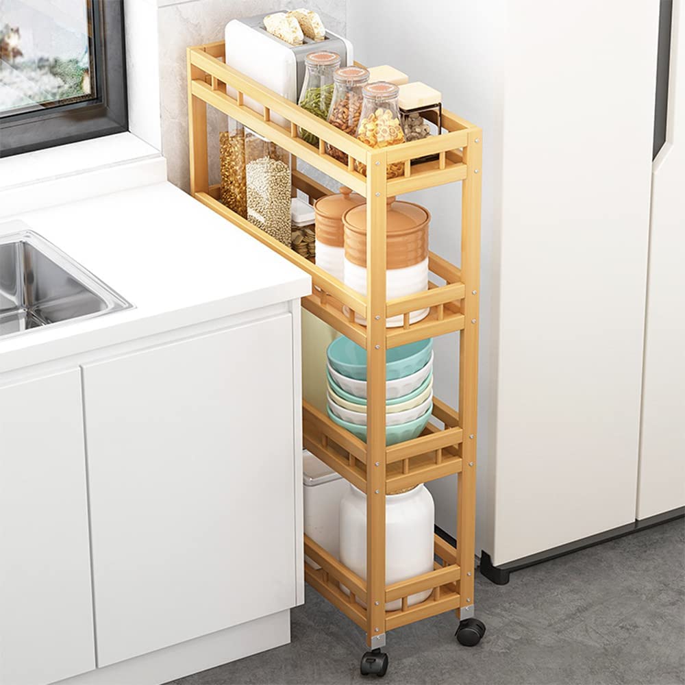4-Tier Carrello Cucina in Legno di bambù, Carrello da Cucina di Servizio, carrello di stoccaggio sottile multistrato, Carrello di servizio in bambù multiuso (50 x 18 x 96 cm)