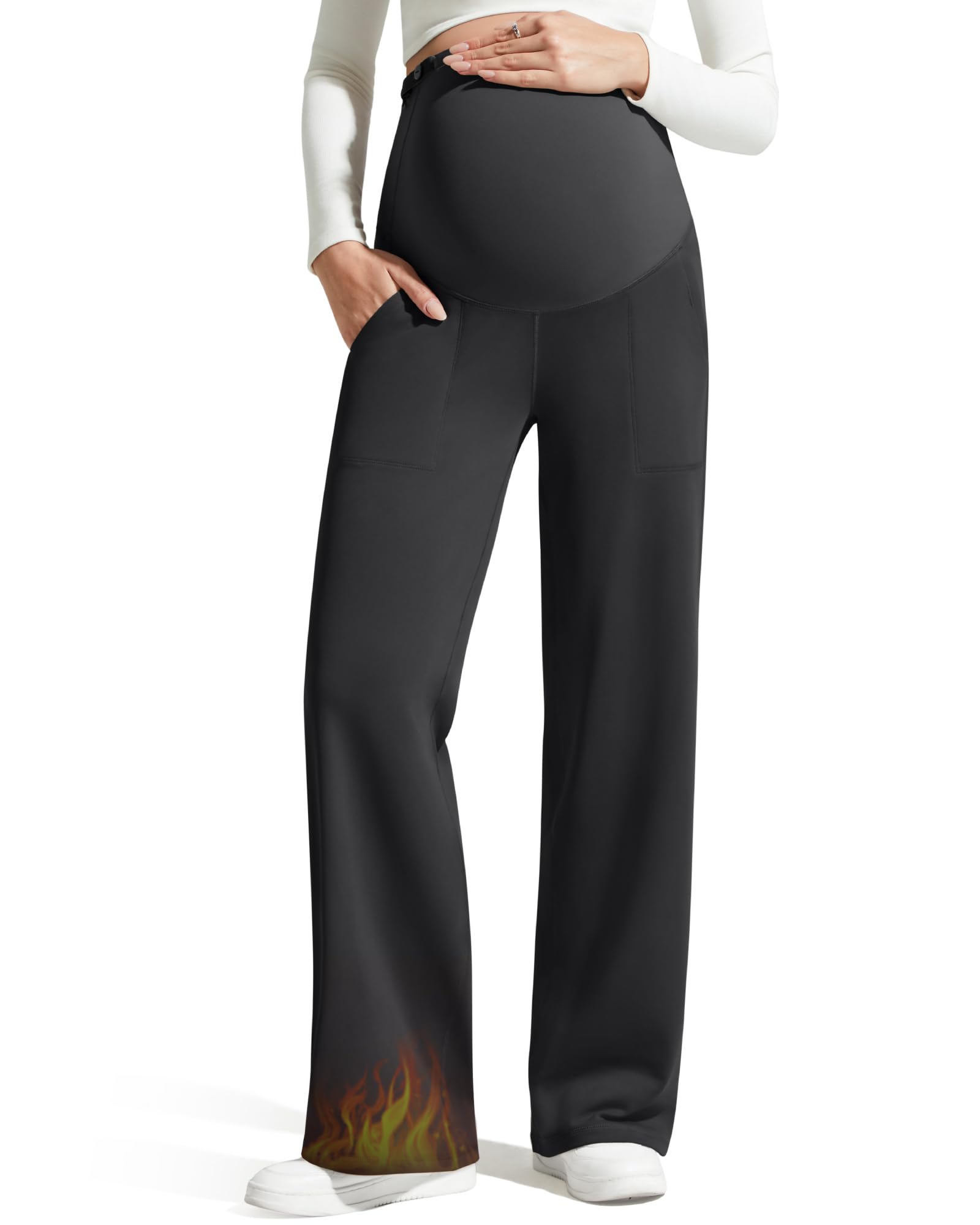EverGoing Fleece Lined Maternity Wide Leg Pants Over The Belly Pregnancy Trousers with Pockets, Black, Medium-image-23