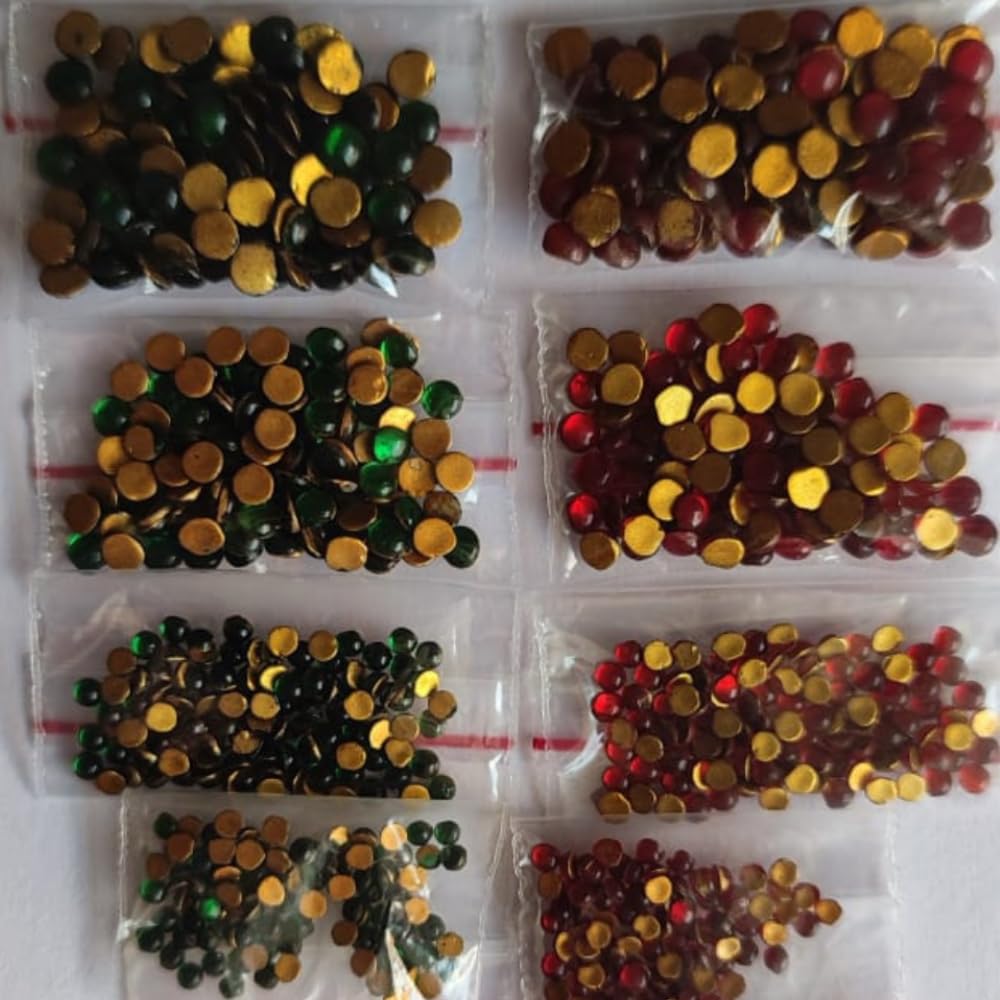 Tanjore painting Round shape Kundan Stones Set 2 mm - 5 mm (Red, Green) 100 Stones Per Pack.