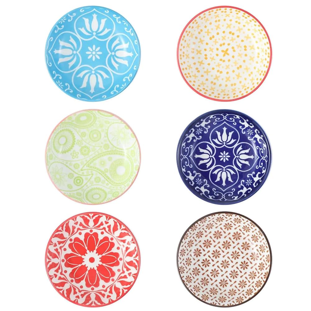 BZC Dipping Bowls, Ceramic Soy Sauce Dish, Small Serving Bowls for Side Dishes Vintage Stylish Design, Set of 6 Mini Appetizer Plates for Condiment Sushi Ketchup BBQ Party