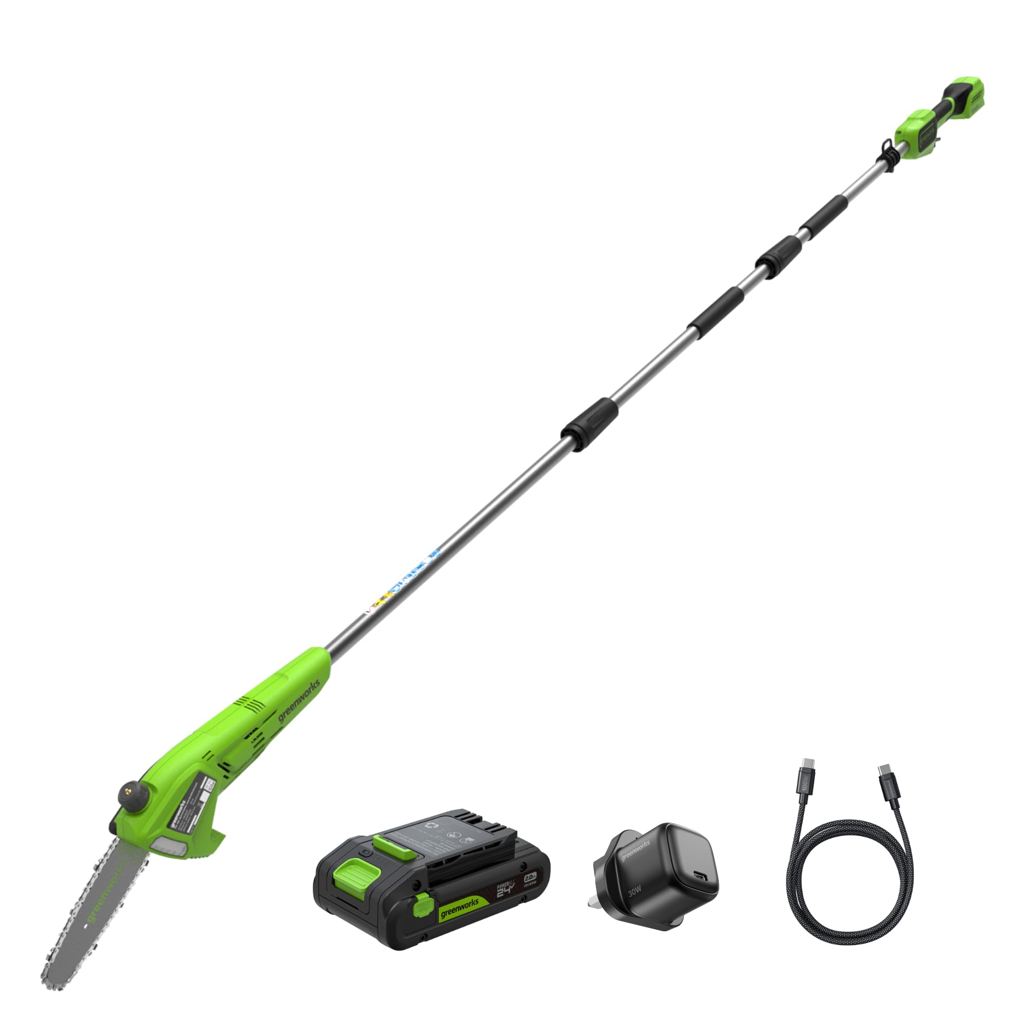 Greenworks Ciężarka akumulatorowa 24 V, 20 cm, zasięg 2,68 m, do cięcia drzew, elektryczna piła łańcuchowa z automatycznym olejowaniem, prędkość łańcucha 6,7 m/s, akumulator 2 Ah i ładowarka USB C 30