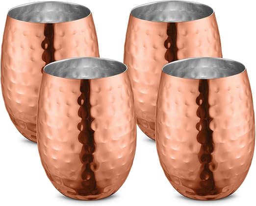 AVADOR Handcrafted Set of 4 Stainless Steel Shatterproof Glass Drinkware Tumbler Hammered Finish 16 Oz. each for Water | Wine | Moscow Mules | Stemless Wine Glass (Copper Finish)