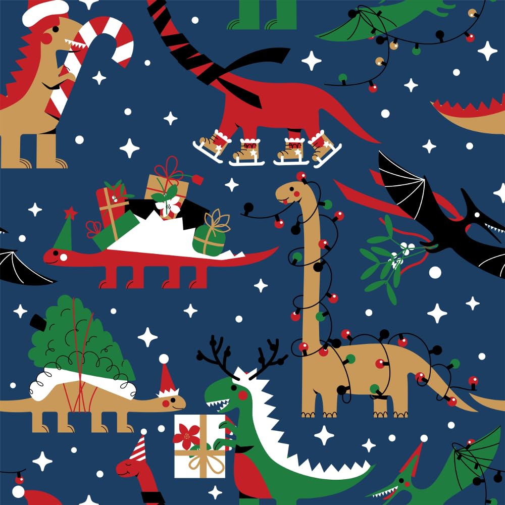 Polycotton Fabric Deco Dinos Dinosaur Lights Party Christmas Festive (Sold Per Metre) (Navy)