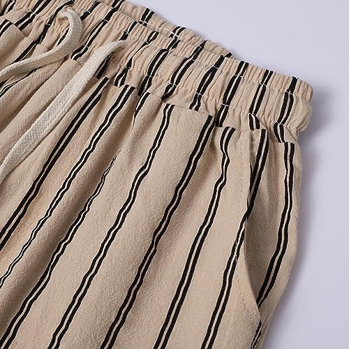 Women Cotton Linen Palazzo Pants Casual Stripe Print Pants Elastic Waist Loose Wide Leg Pants Stretch (Khaki, L)4