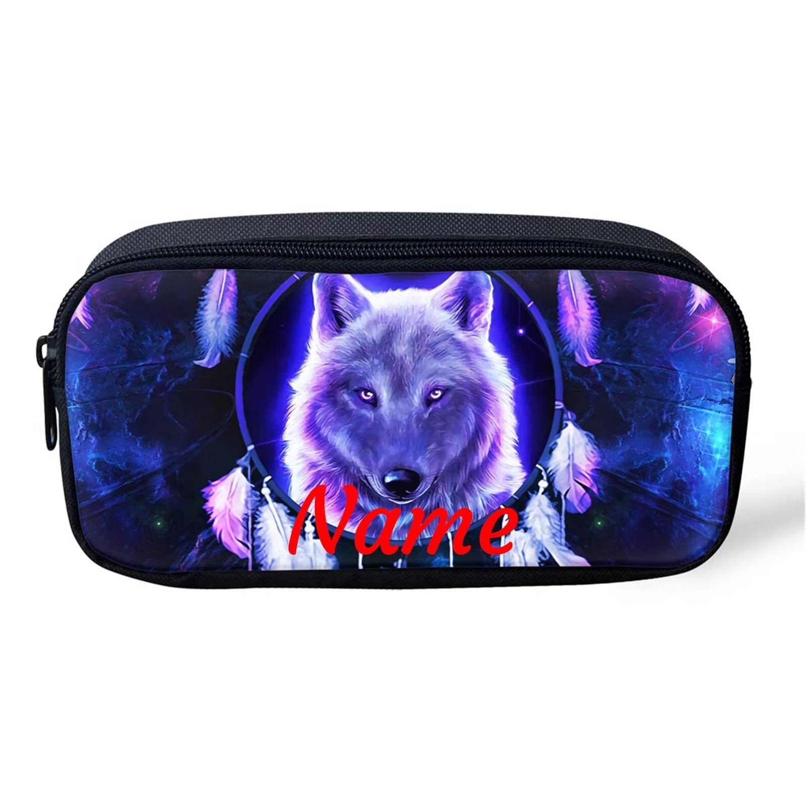 Belidome Kids Pencil Case with Name, Galaxy Wolf Dreamcatcher Pen Holder Bag