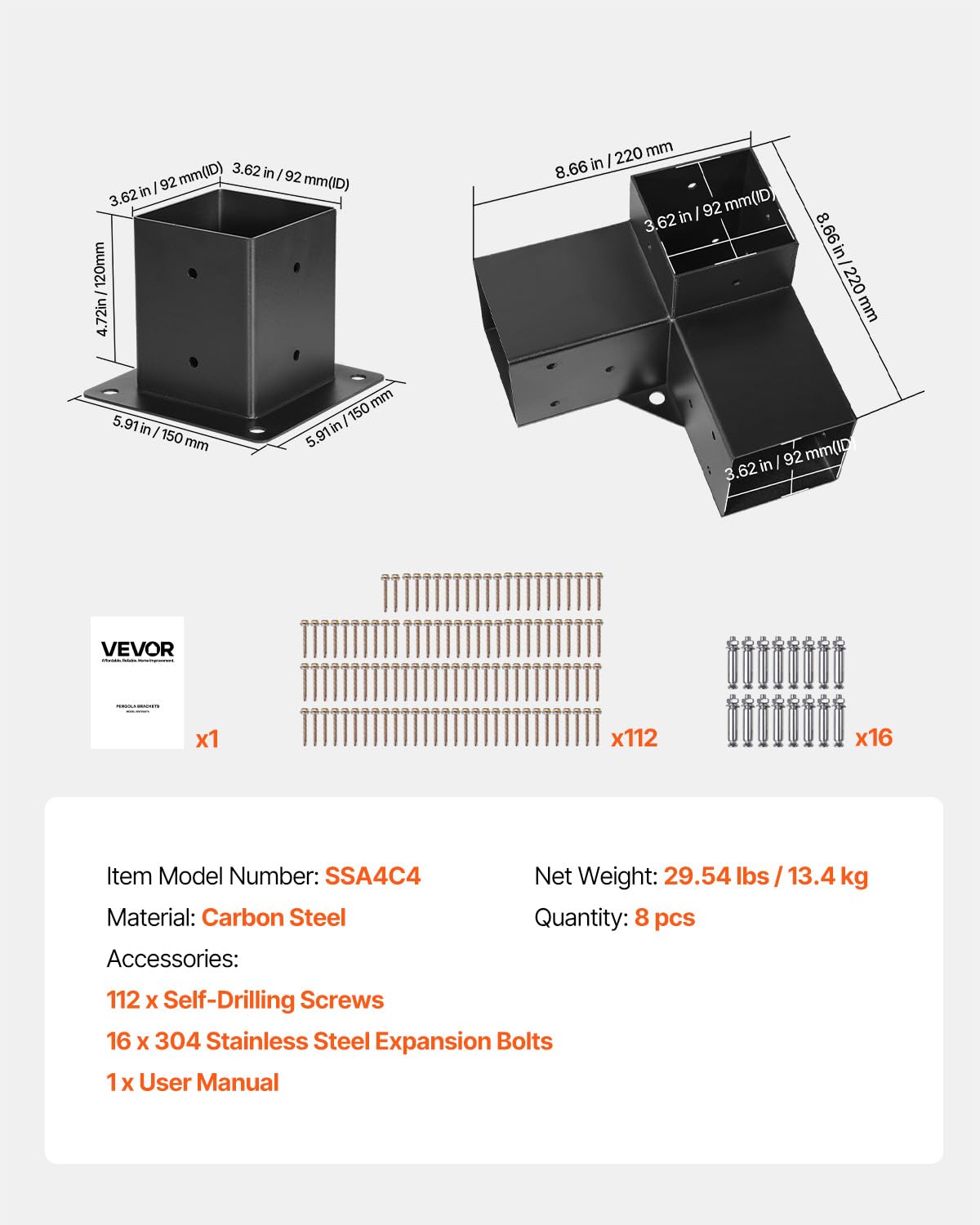 VEVOR Kit Supports de Pergola, Lot de 8, Support de Poteau Bois 92x92 mm, 4 Supports d'angle 3 Voies, 4 Bases de Poteaux, Acier au Carbone, pour Poutres Bois Standard, Banquets de Fête en Plein Air